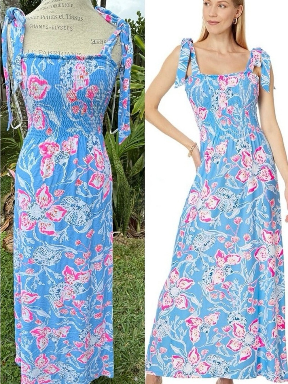 Lilly Pulitzer Kailua Floral Smocked Tie Shoulder Maxi Sundress pink blue